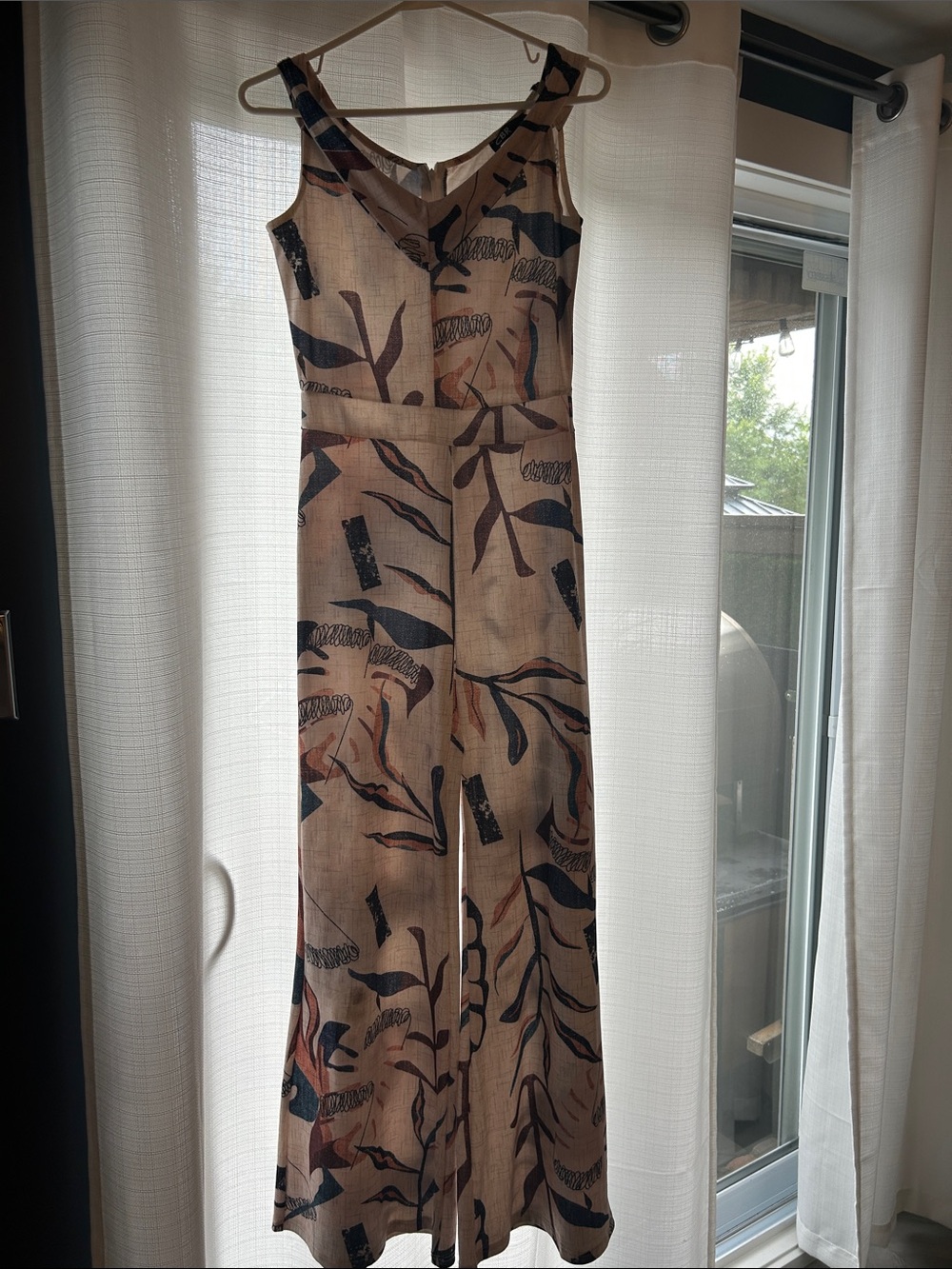 CBR Beige Printed V-Neck Wide-Leg Jumpsuit with Navy and Rust Accents